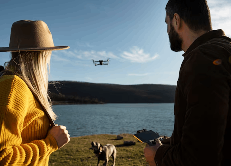 Drone hovering in open sky above city.