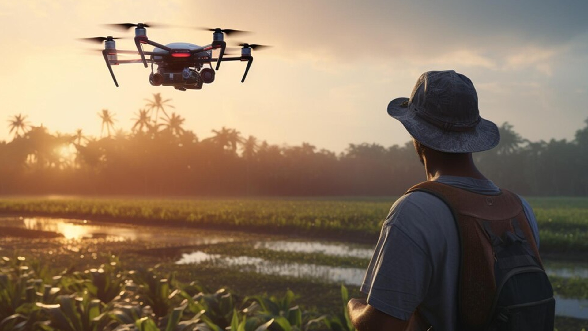 Drone flying over lush green fields.