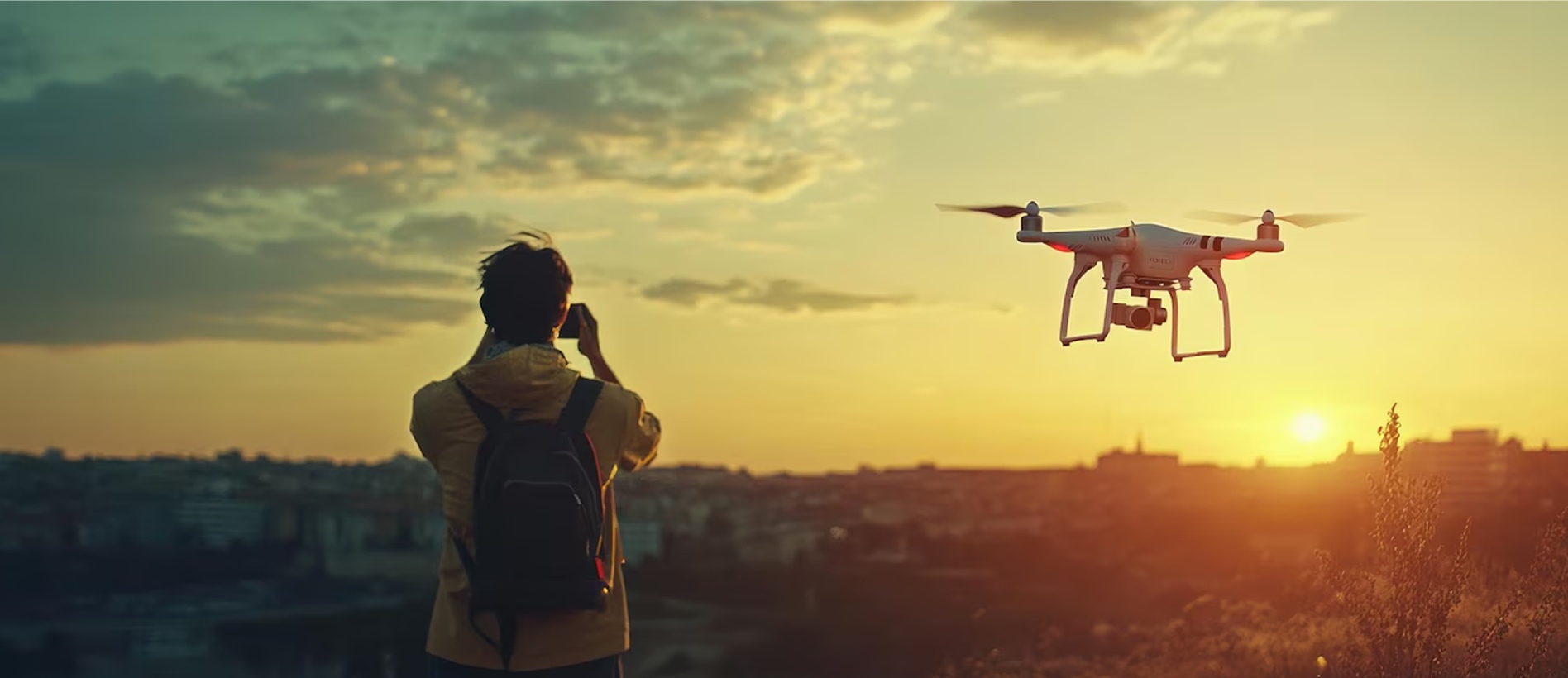 Woman holding drone with lake backdrop.
